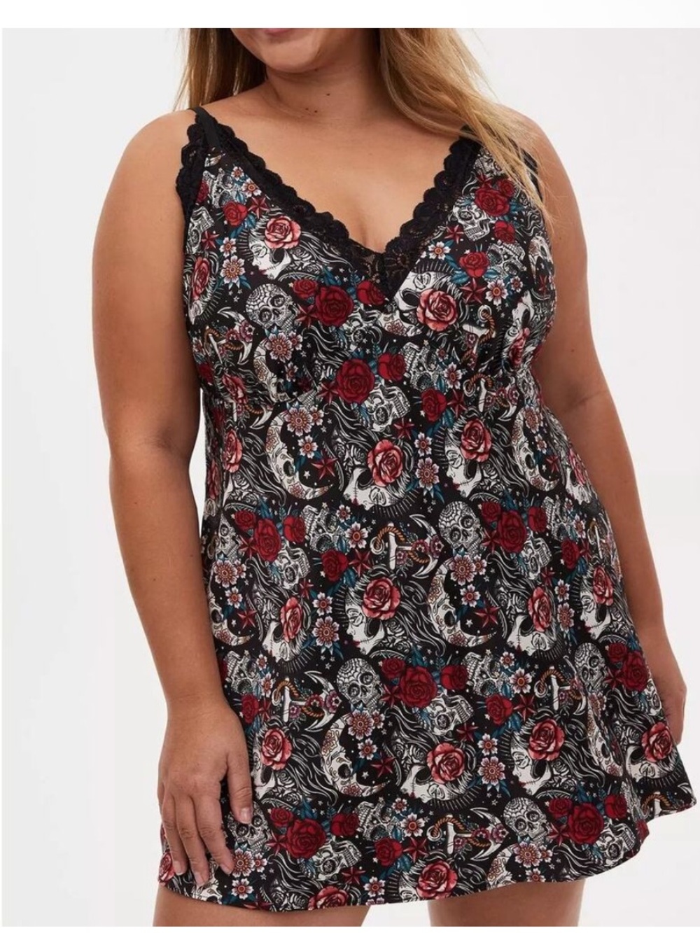 Torrid Satin Tattoo Print Babydoll Lingerie Chemise Sugar Skull Rose Nightgown